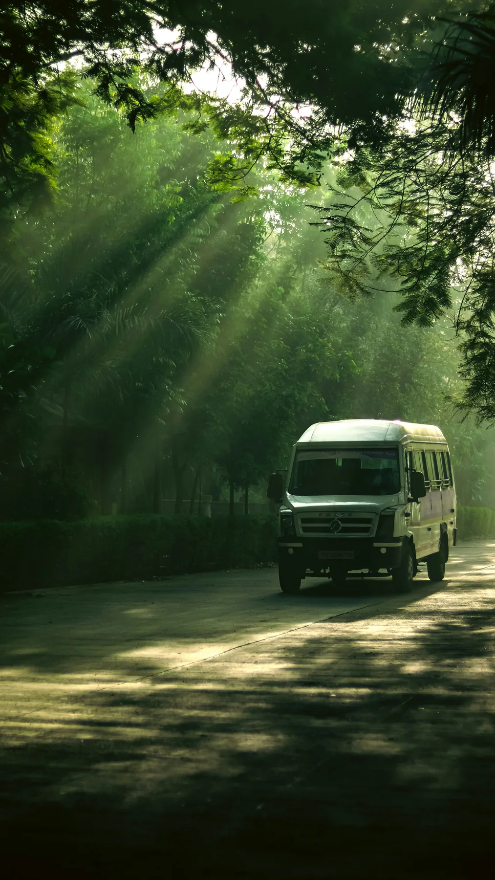 Passenger van on a tree-lined road in India